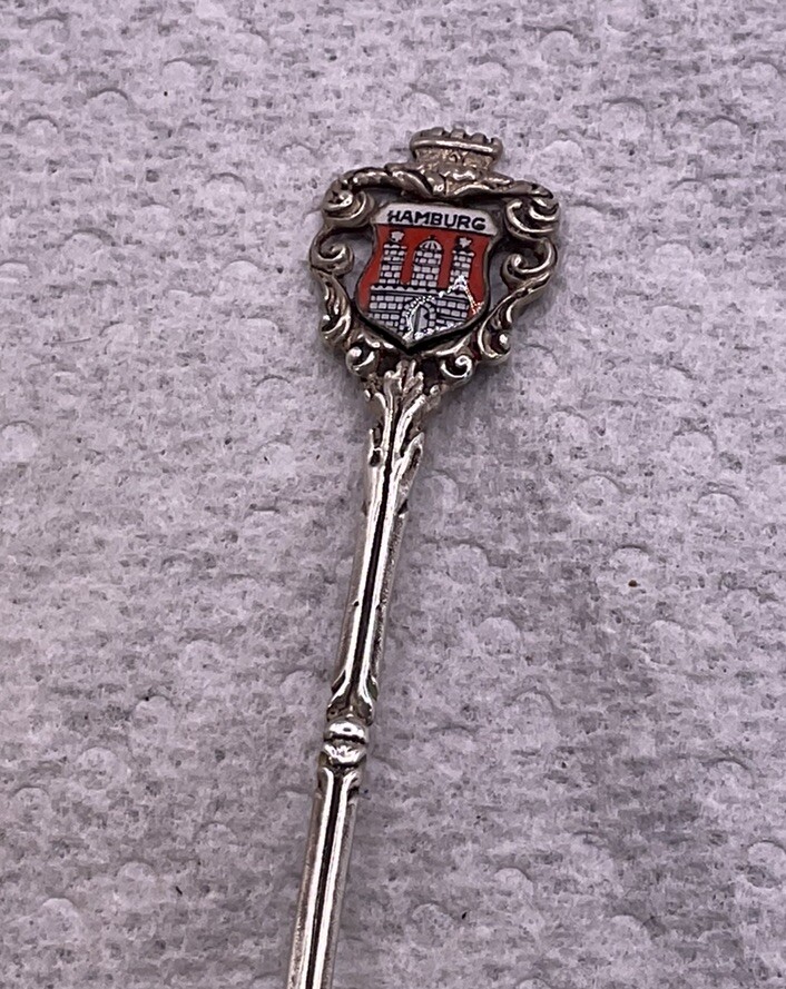 ANTIQUE .835 SILVER HAMBURG PORCELAIN SHEILD SOUVENIR SPOON 4 1/4”