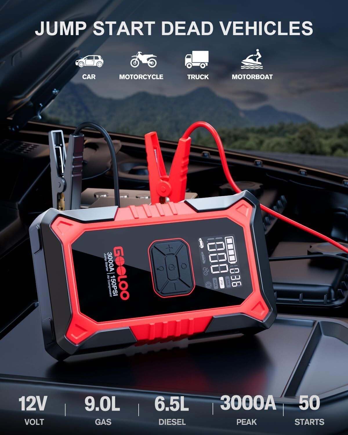 GOOLOO A3 Jump Starter with Air Compressor 3000A Portable Car Battery Charger