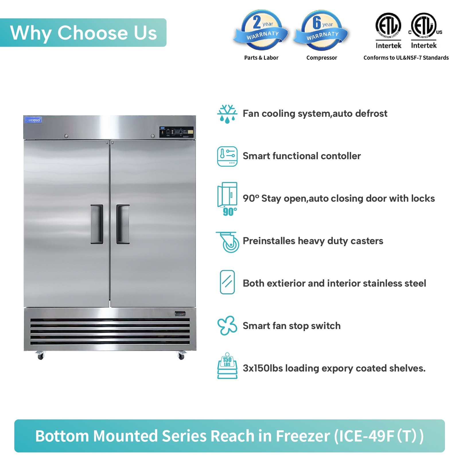 54" Commercial Freezer, ICECASA 2 Door Reach-In Freezer 49 Cu.ft