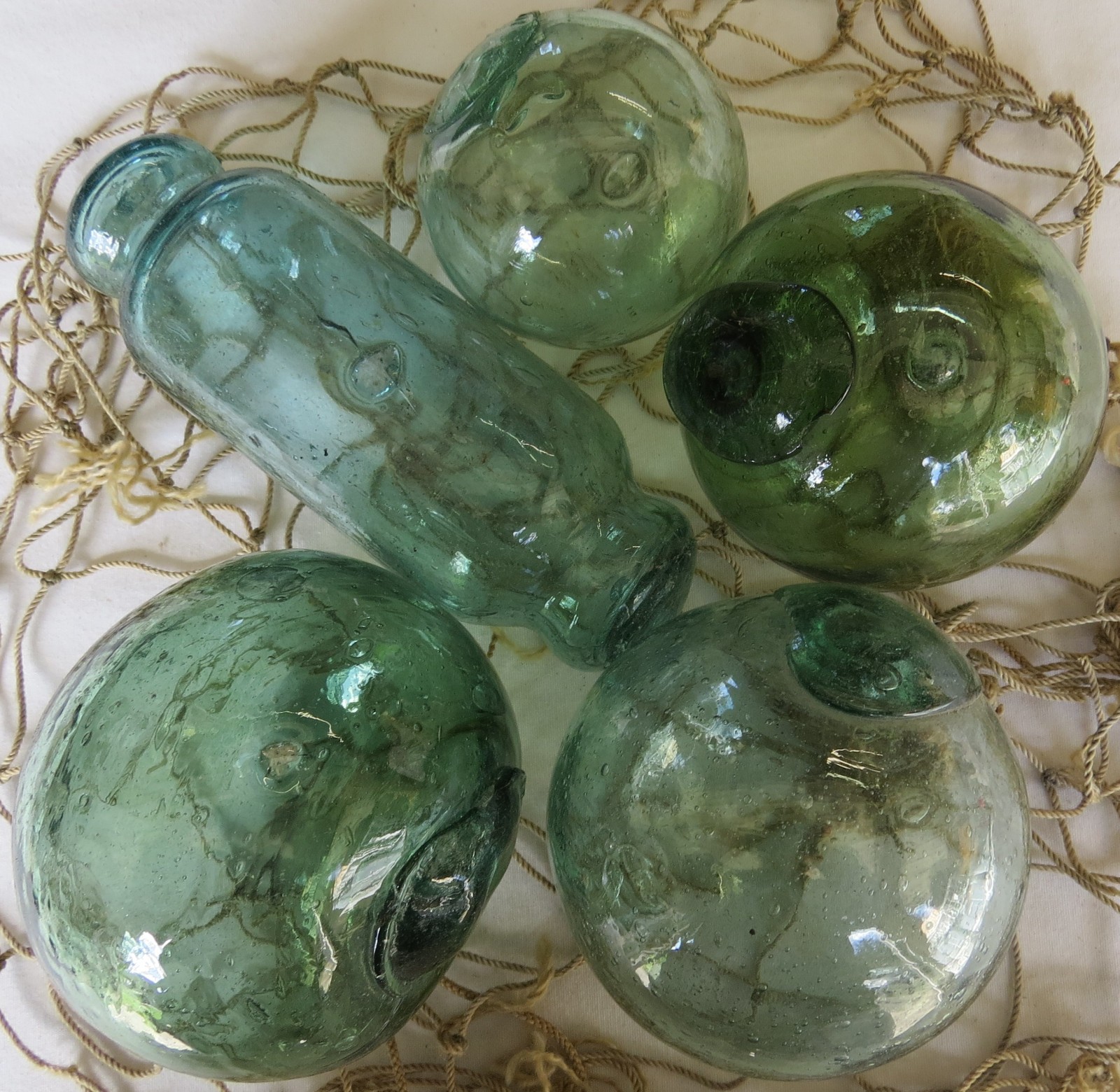 JAPANESE GLASS Fishing FLOATS Mixed Shades & Sizes (5) w/Inclusions Antiques!