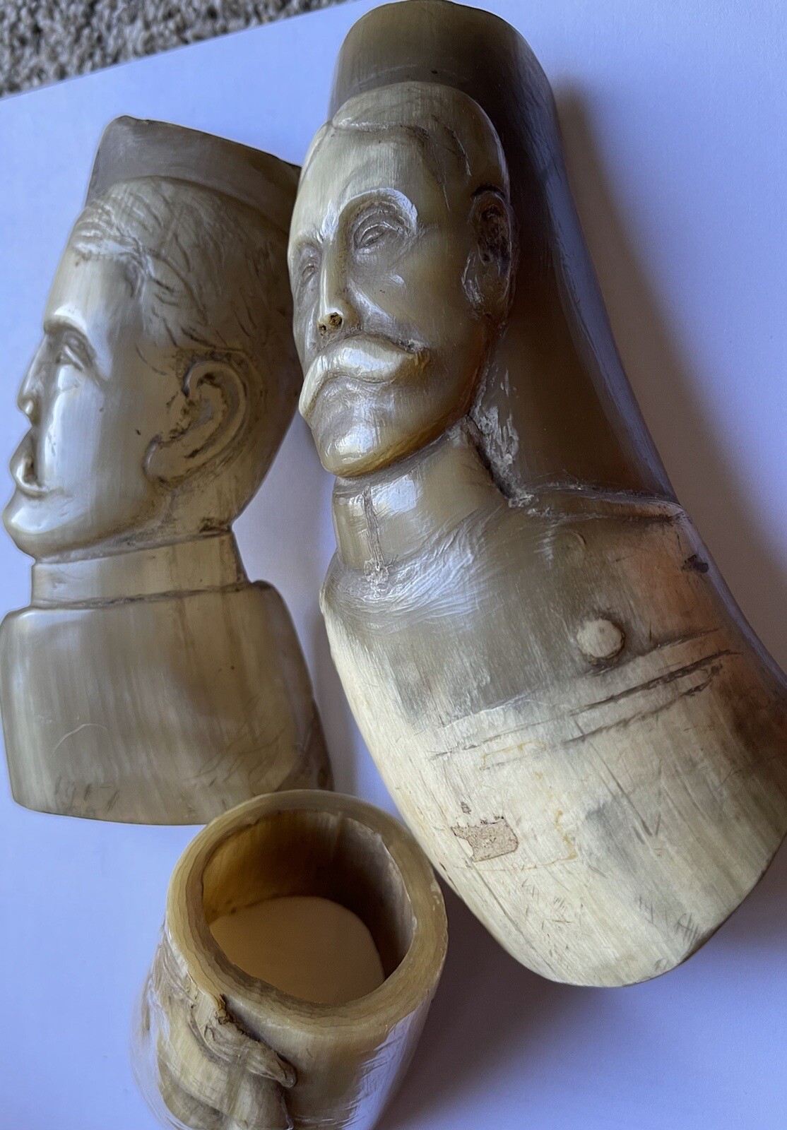 Antique WWI Carved Horn Head Military Soldiers Officers German Folk Trench Art