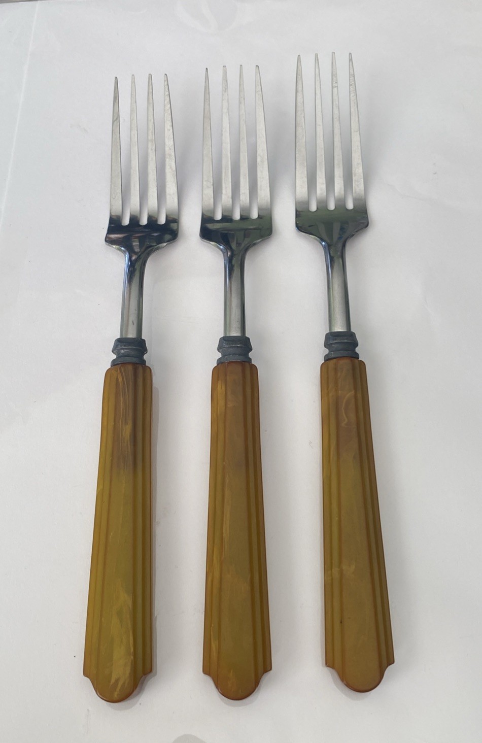 HTF Vintage Bakelite FORKS Flatware Utensils 3 Pc. Butterscotch Stainless Steel