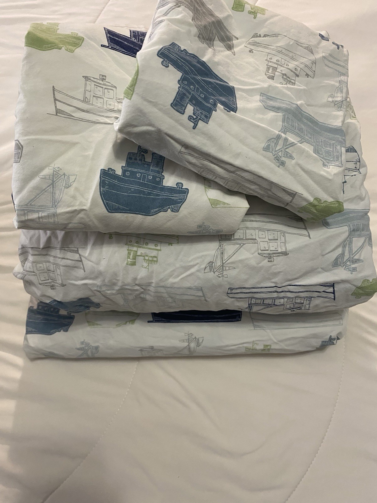 Pottery Barn Kids Ships Sheet Set White Blue Gray Full Flat Fitted Pillowcases