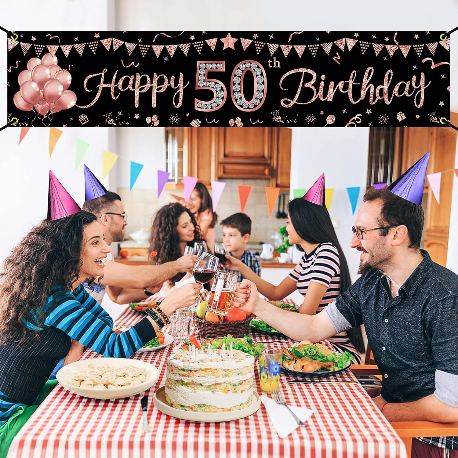 Happy 50th Birthday Banner Decorations for Women, Rose Gold 50 Birthday Sign Par
