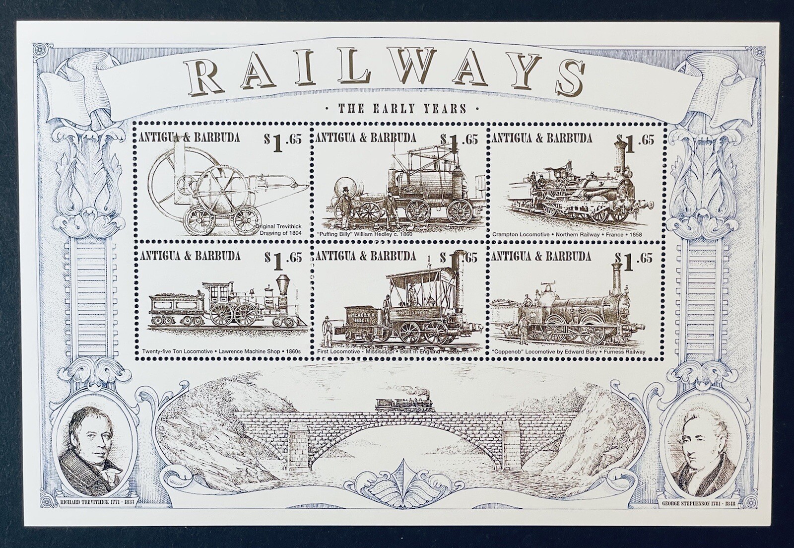 ANTIGUA & BARBUDA EARLY TRAINS STAMPS SHEET MNH 1997 LOCOMOTIVE PUFFING BILLY 1