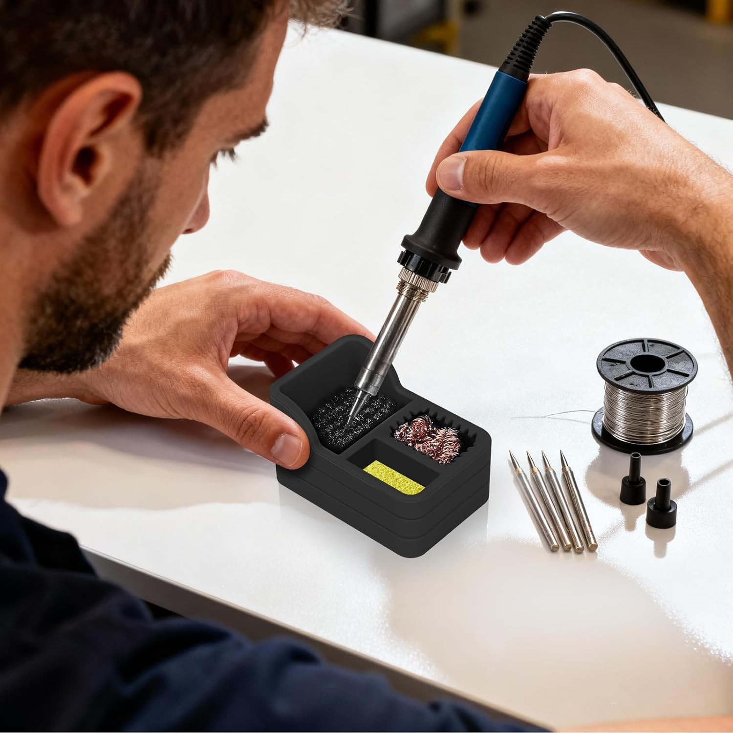 Soldering Iron Tip Cleaner Kit with Brass Wool, Sponge,Steel Brush in Black Sili