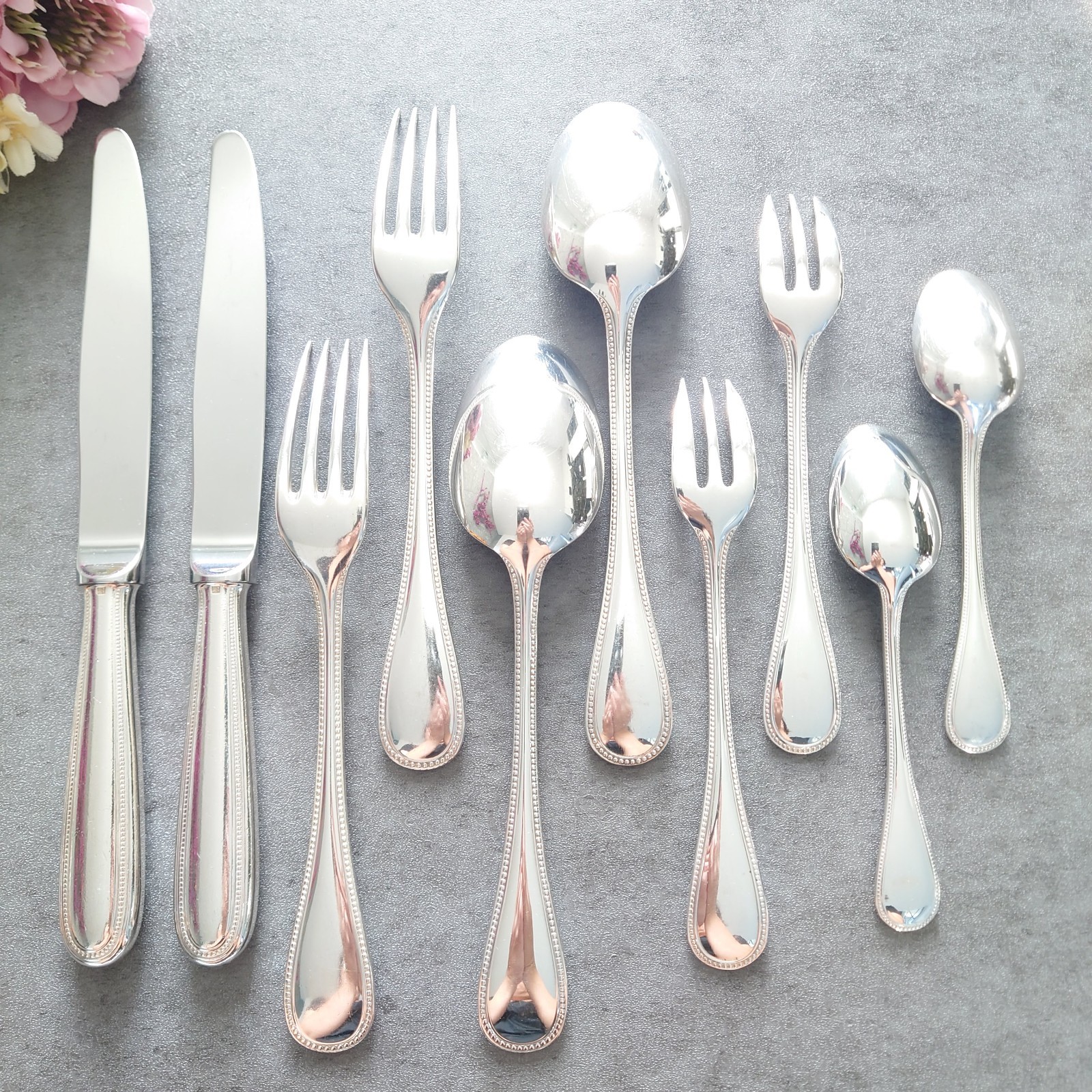 Christofle Perles 10pcs Silverplate Flatware Standard Knife Fork Spoon Very Good