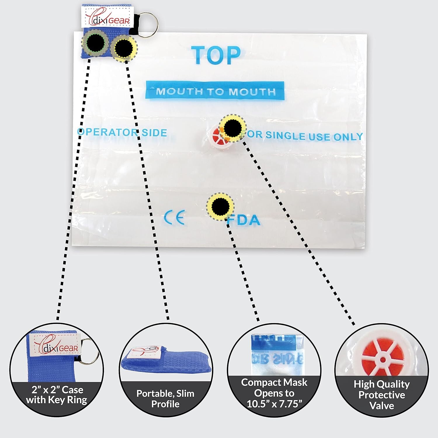 CPR Mask with Keychain Emergency Face Shield with One-Way Valve Blue - 100 Pack