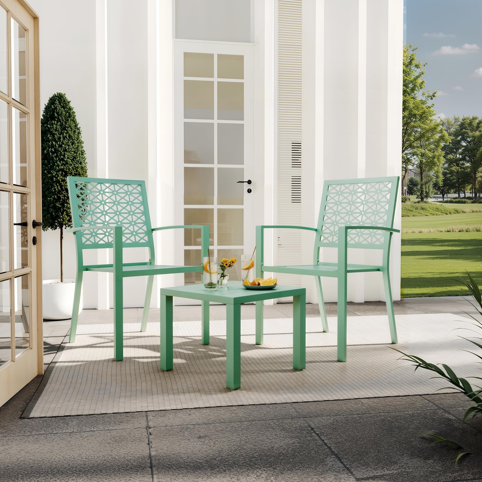 3-Piece Outdoor Bistro Set Stackable Patio Chairs Square Table Metal Light Green