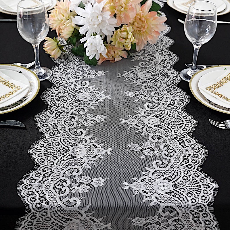 WHITE 15" x 117" Premium Lace TABLE RUNNER Scalloped edges Party Decorations