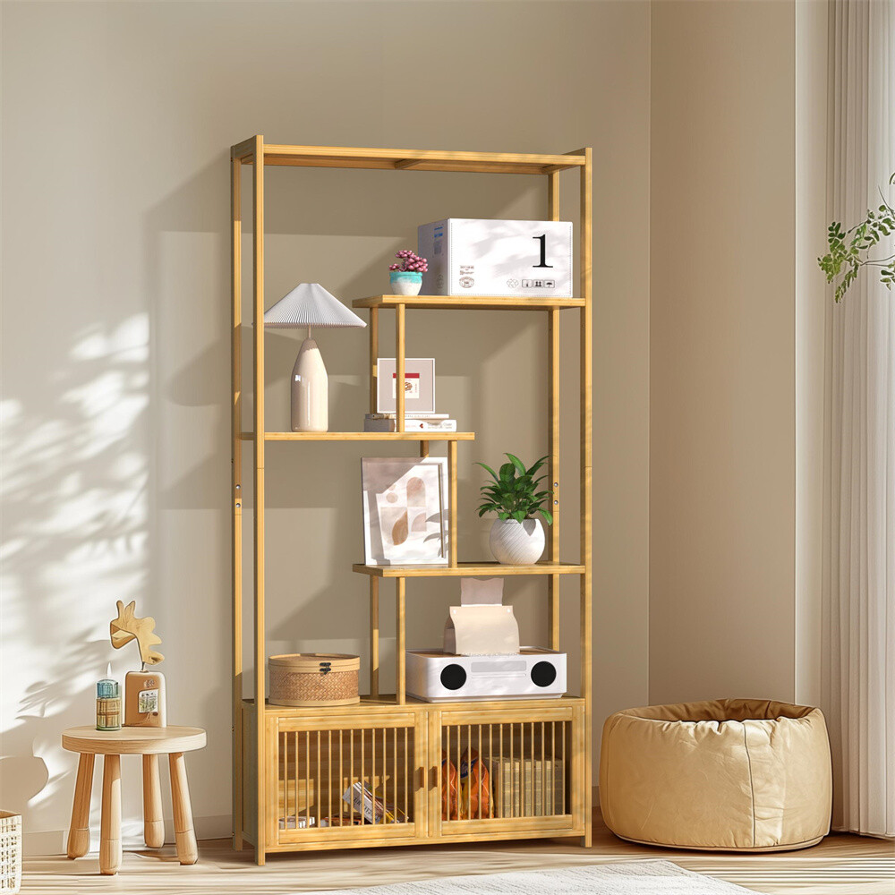 6-Tier Bookshelf w/ Cabinet Bamboo Tall Chinese Vintage Display Etagere Shelves