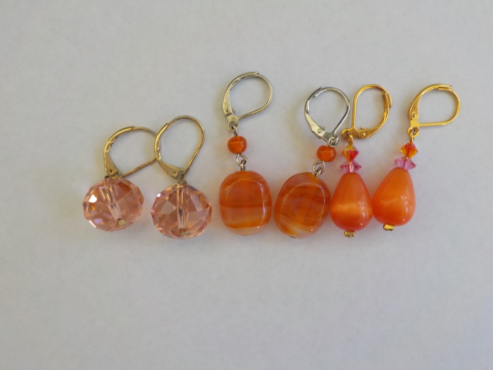Earrings Pierced 3 Pair Dangle Drop Glass Stone Metal Orange Pink Lever Back