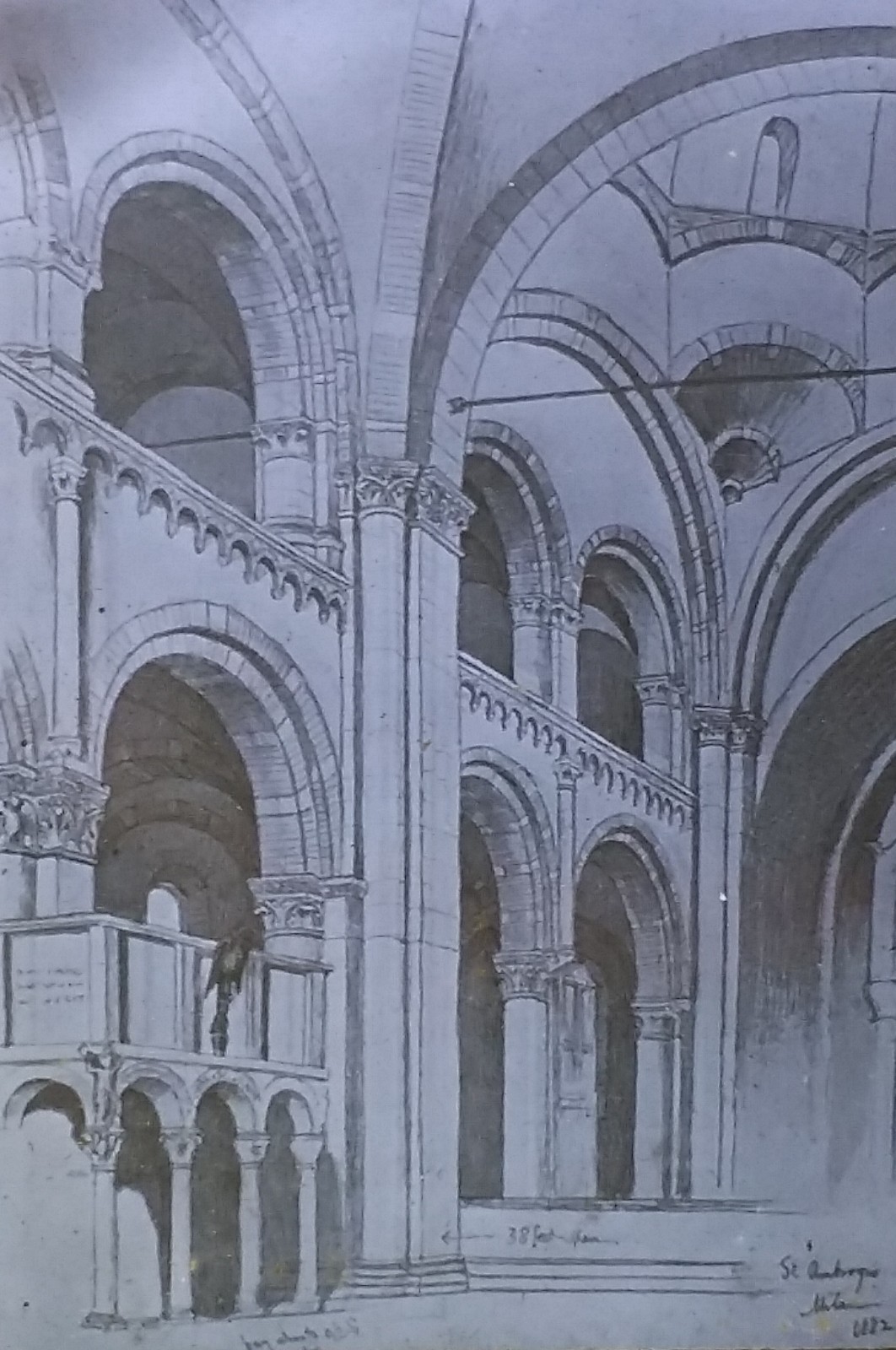 Nave Drawing, Basilica di Sant'Ambrogio, Milan, Italy, Magic Lantern Glass Slide