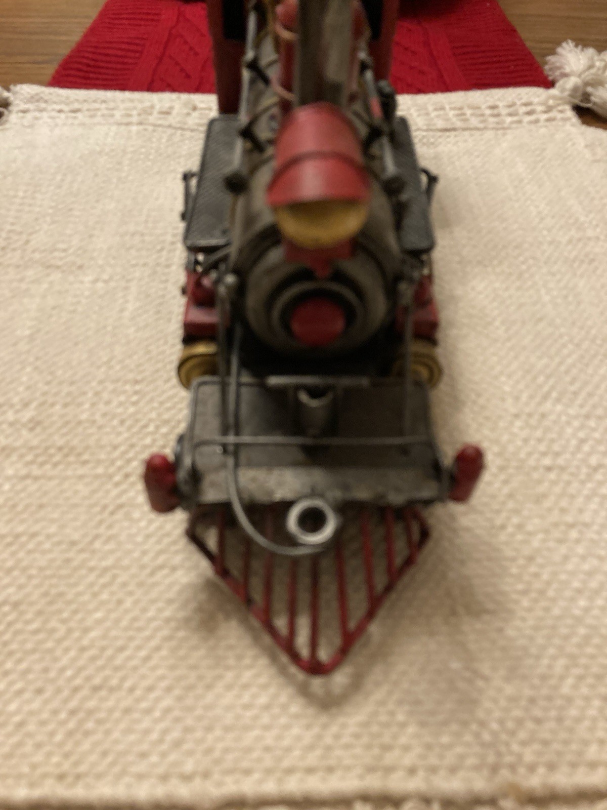 Vtg Decorative Metal Steam Locomotive Model Train Engine Red Black Gold On Base