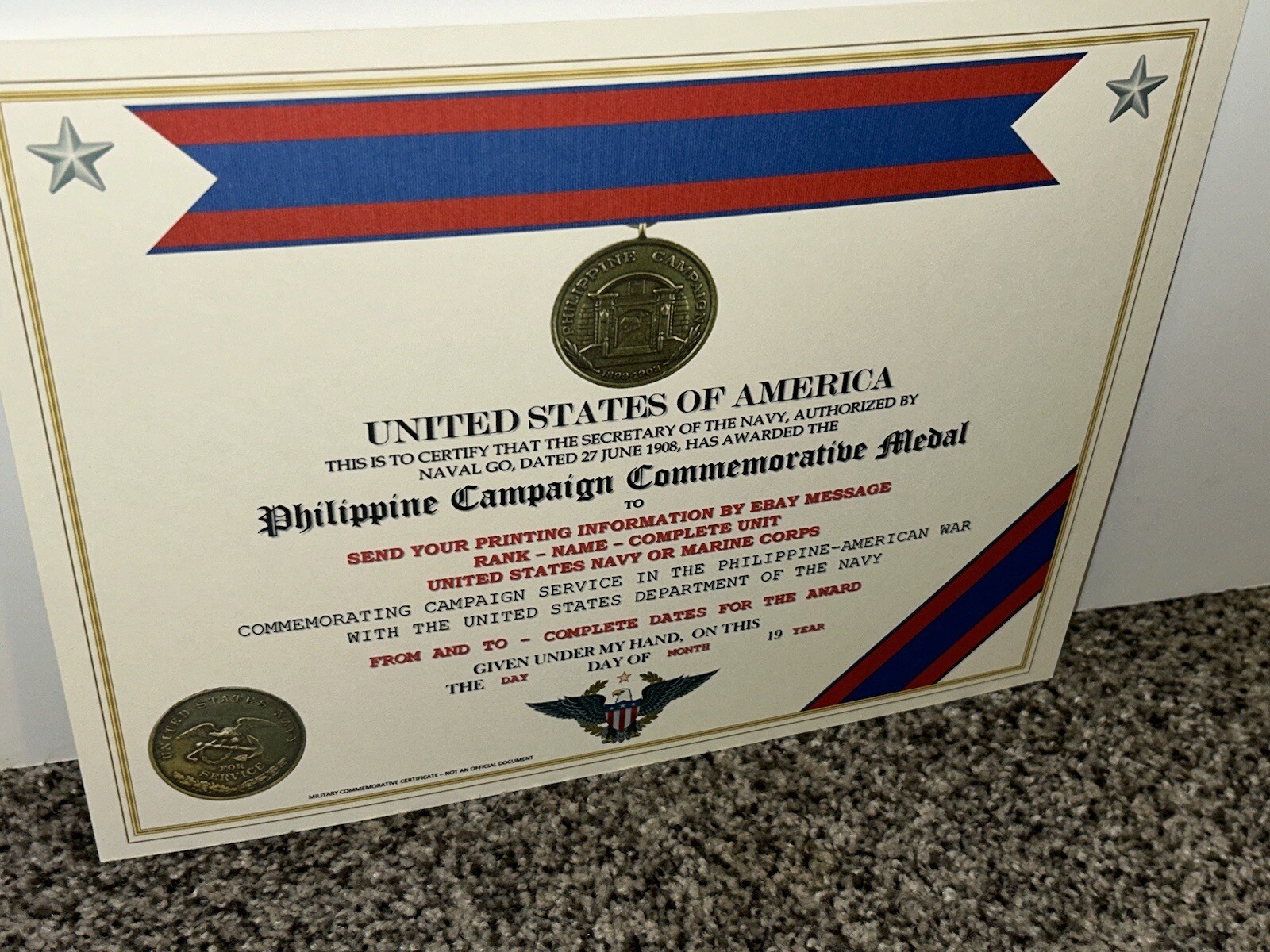 PHILIPPINE CAMPAIGN (NAVY) COMMEMORATIVE MEDAL CERTIFICATE ~ W/PRINTING TYPE-1