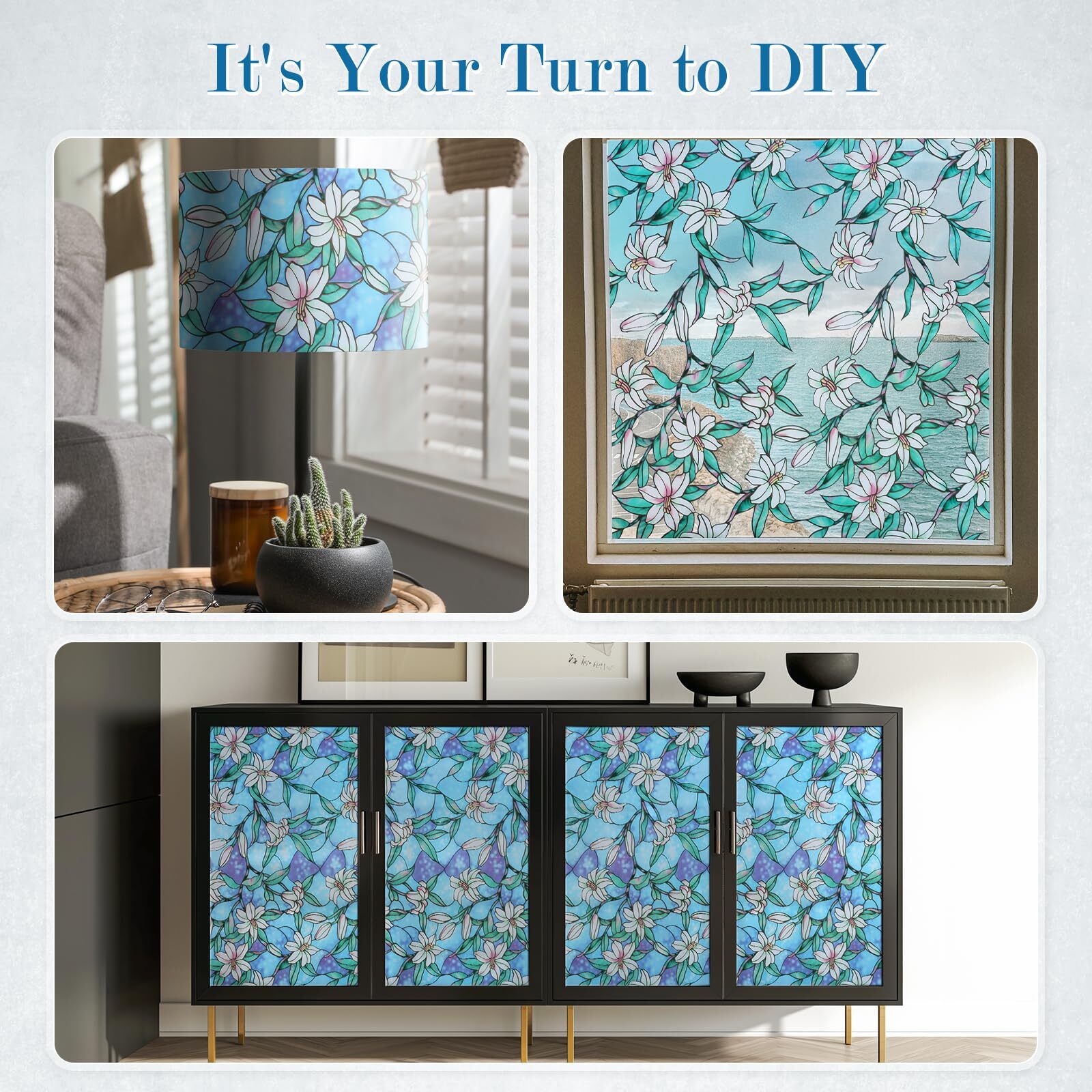 rabbitgoo Stained Glass Window Film Static Cling Blue Lily Decorative Film Door