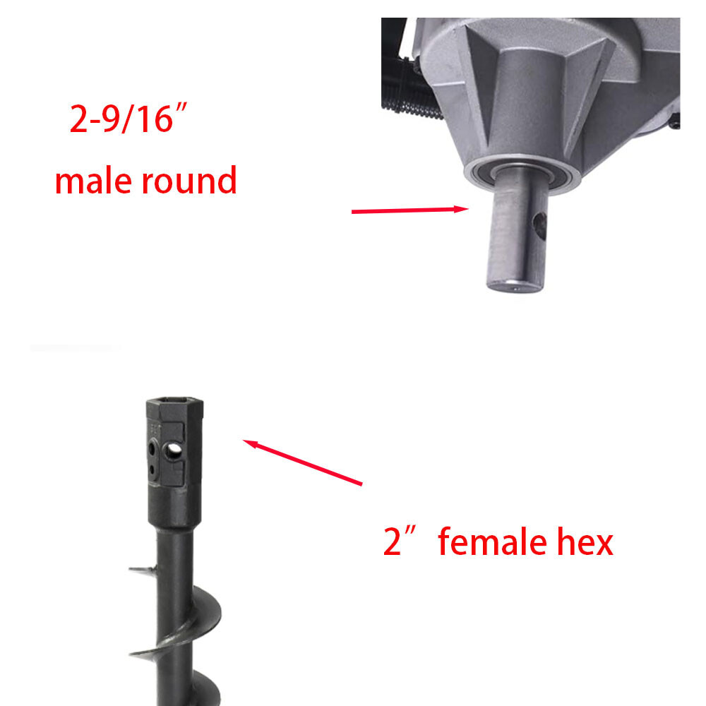 Auger Adapter Conversion 2-9/16 inch female Round to 2" Male Hex Heavy Duty