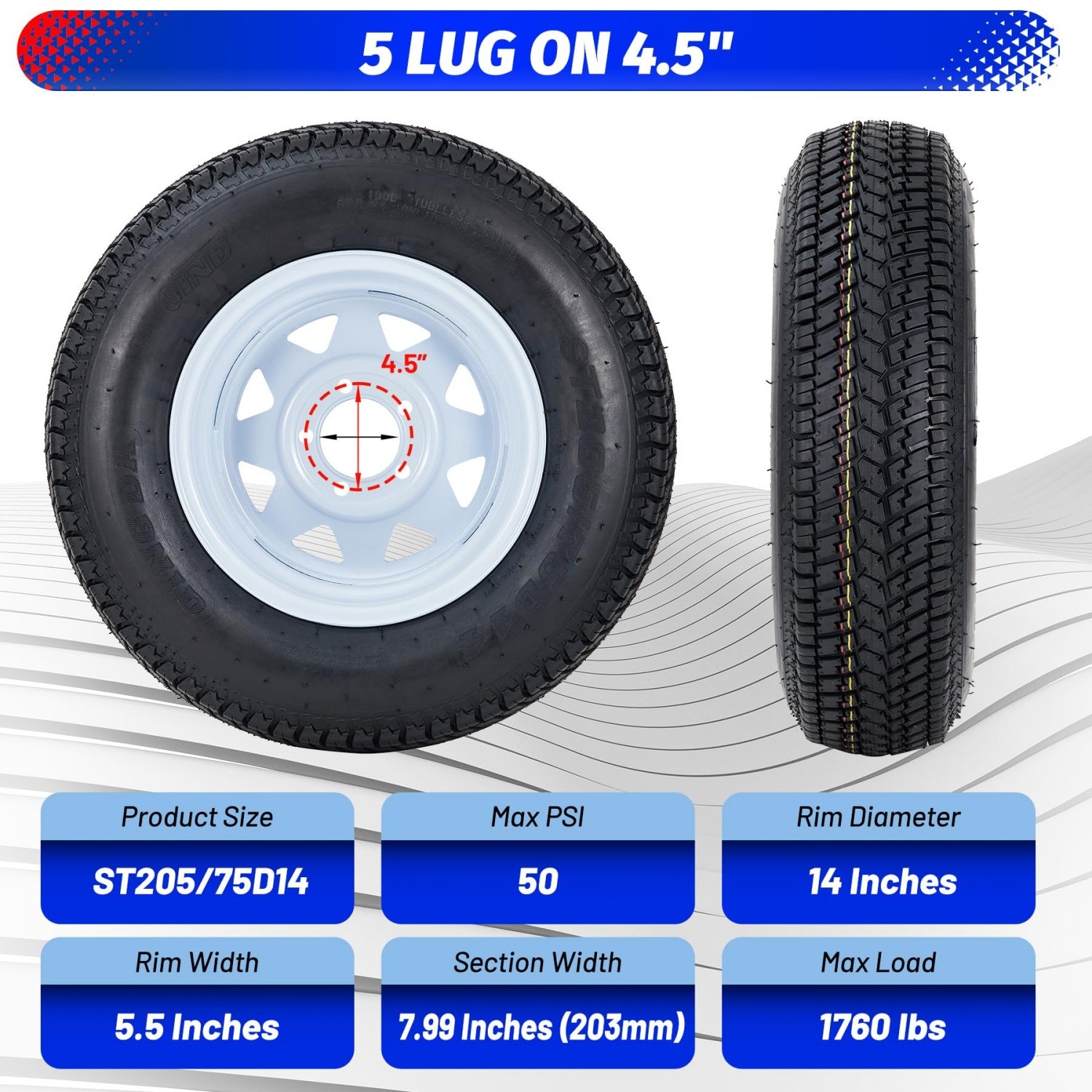 2pack ST205 75D14 Tire ST205/75D14 Trailer Tires with 14" Rims 5 Lug on 4.5"