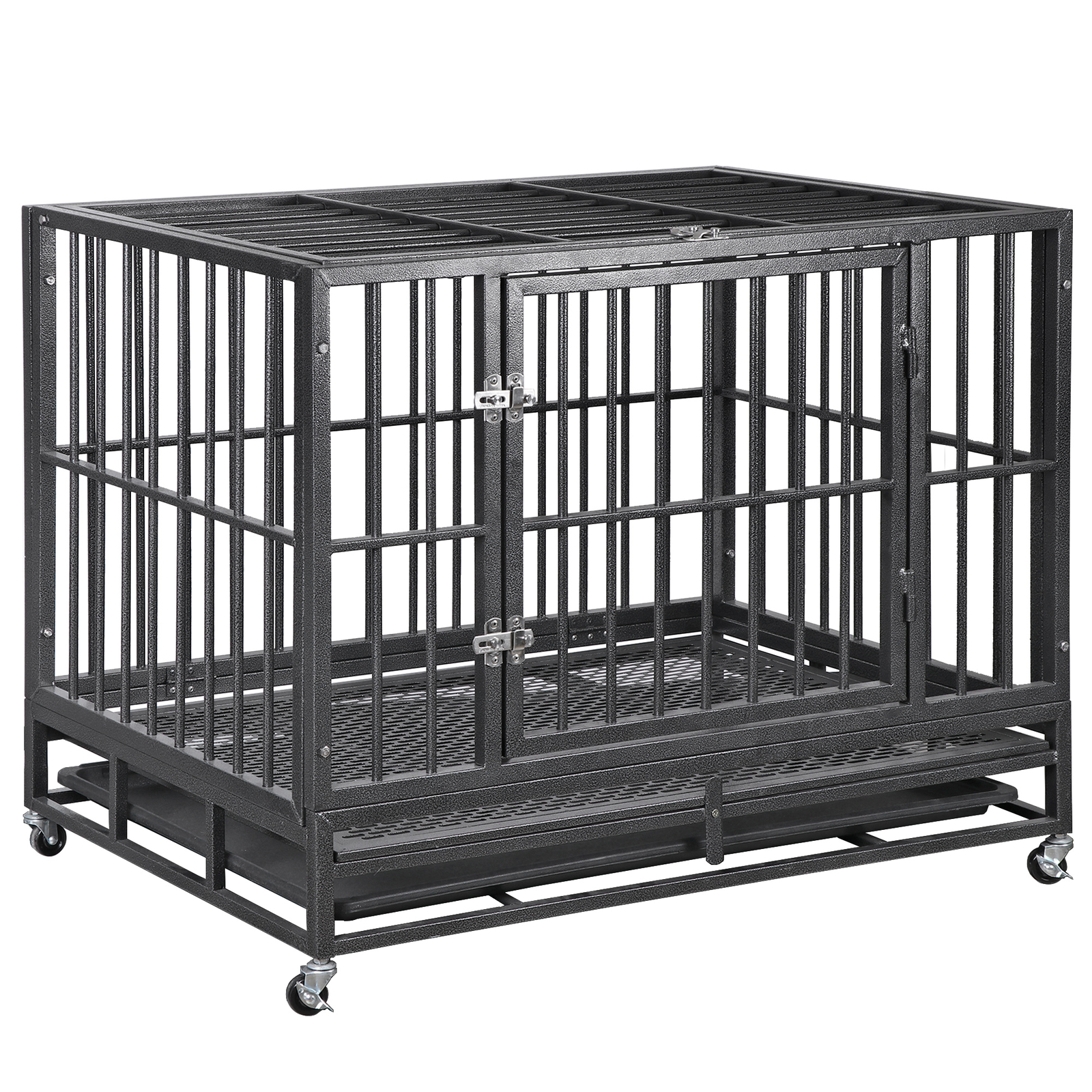 37" Heavy Duty Pet Dog Cage Strong Metal Crate Kennel Playpen with Wheels&Tray