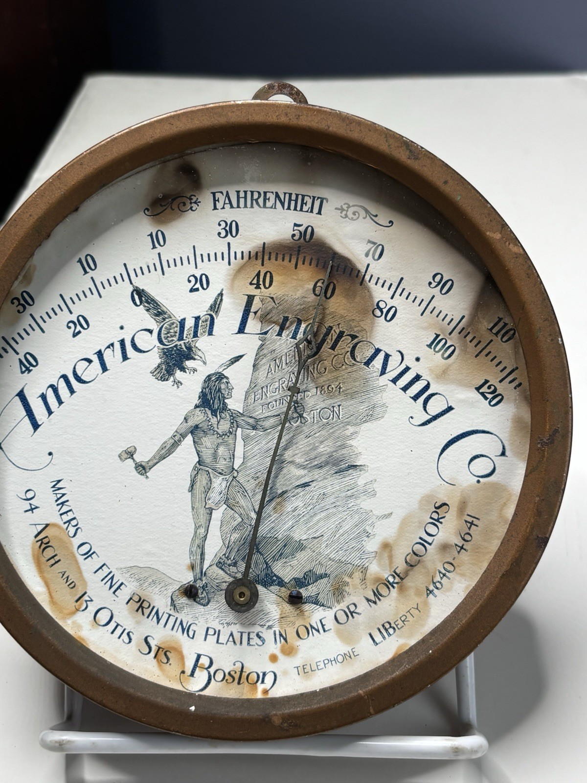 Antique Original RARE American Engraving Thermometer Trade Sign Indian Eagle MA