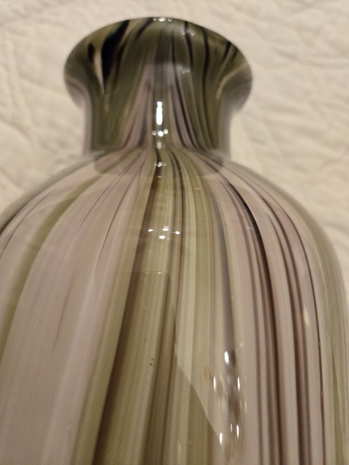 Vintage Heavy Murano Glass Vase Stripes Swirls 12" Hand Blown Green Purple 60s ?