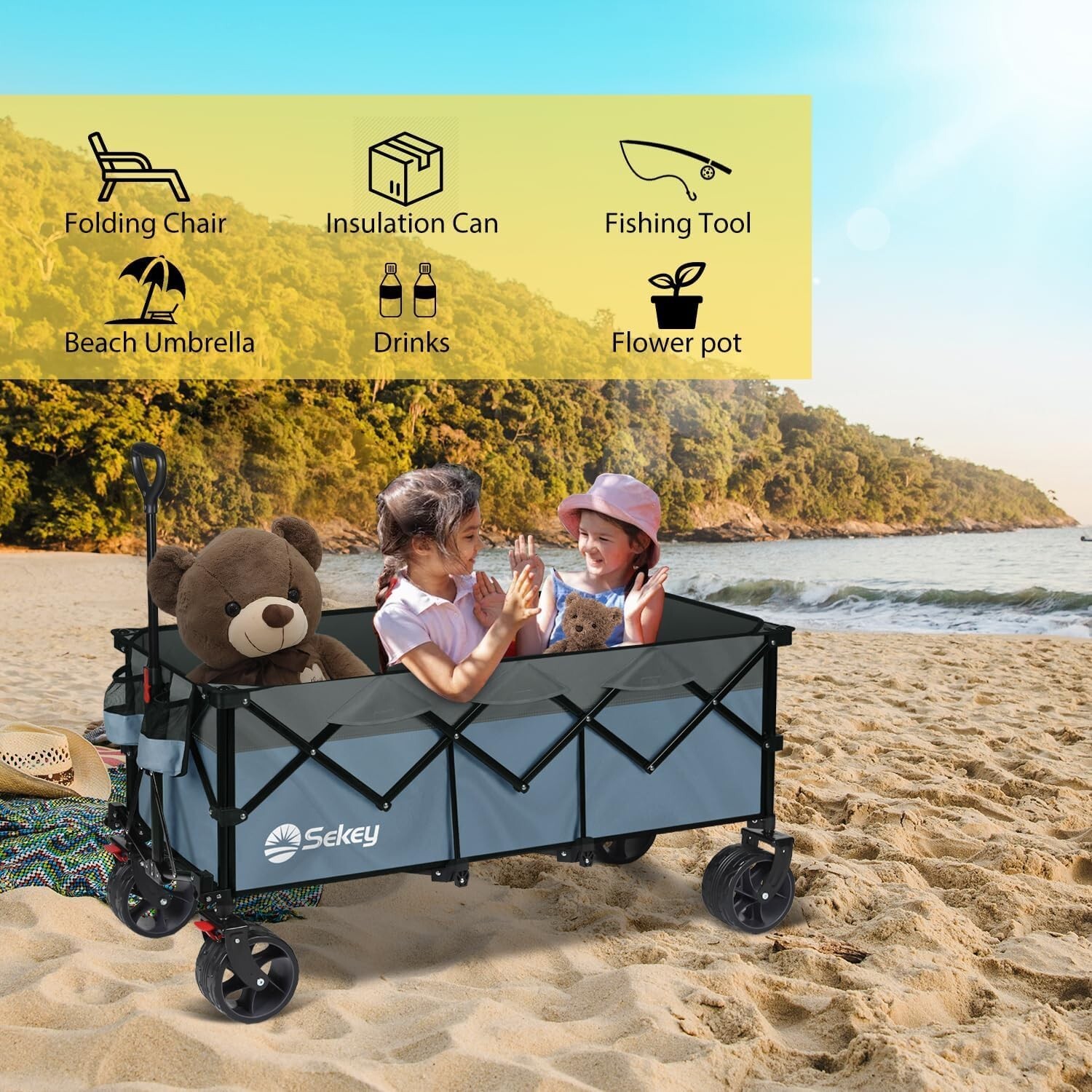 Heavy Duty 440LBS Folding Wagon Large for Beach Camping Yard Hauling,Blue-Gray