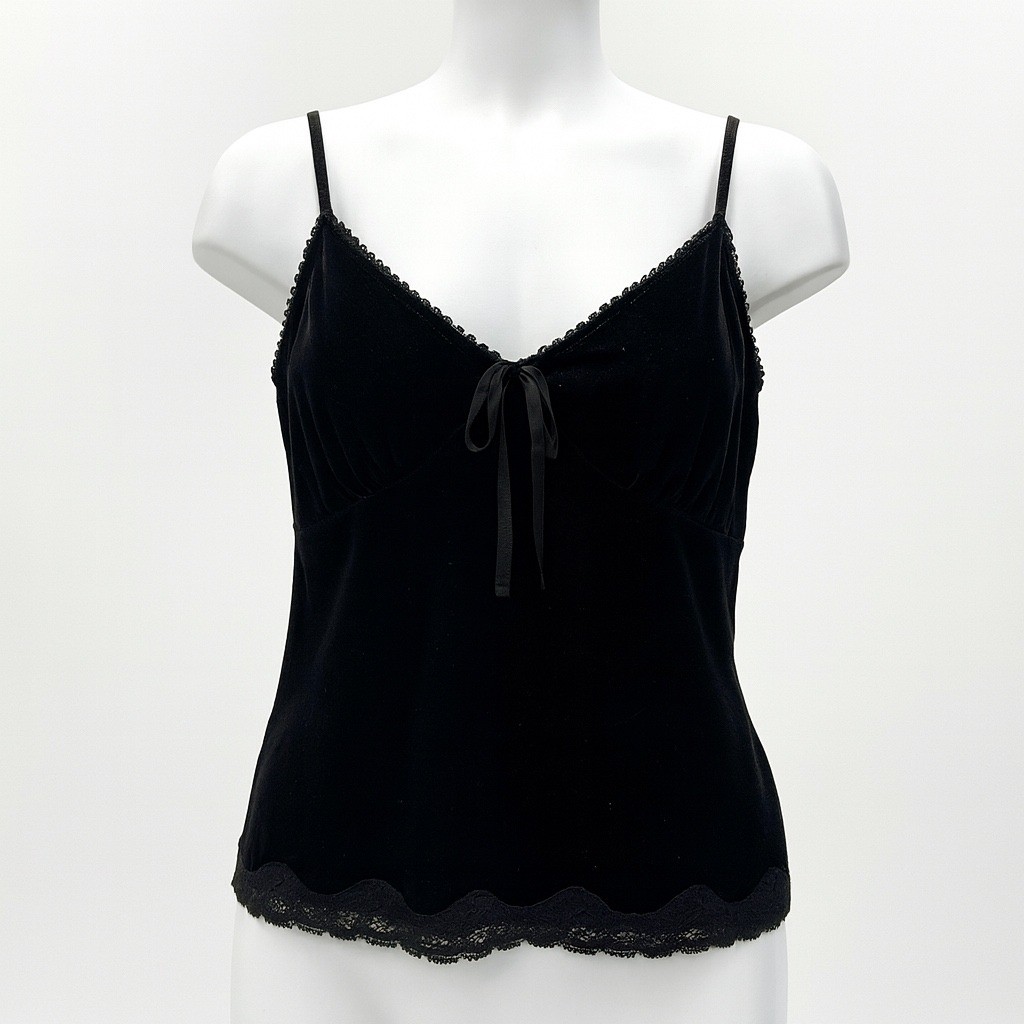 Old Navy Velvet Cami Top Black Lace Trim Ribbon Y2K Lingerie Tank Top Vintage