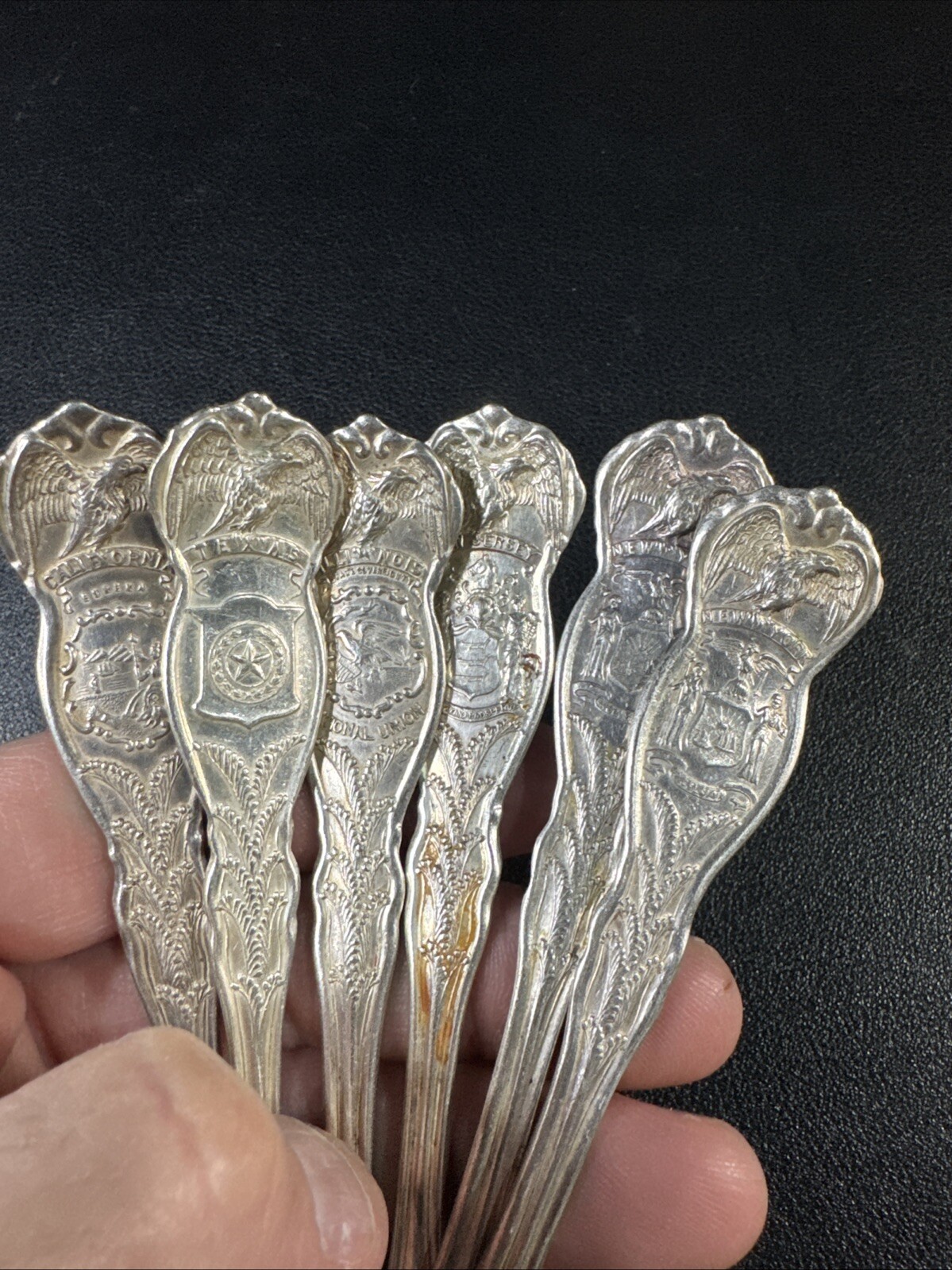 6 VTG WM Rogers International IS Silver Plated State Spoons NYx2, IL, TX, NJ, CA