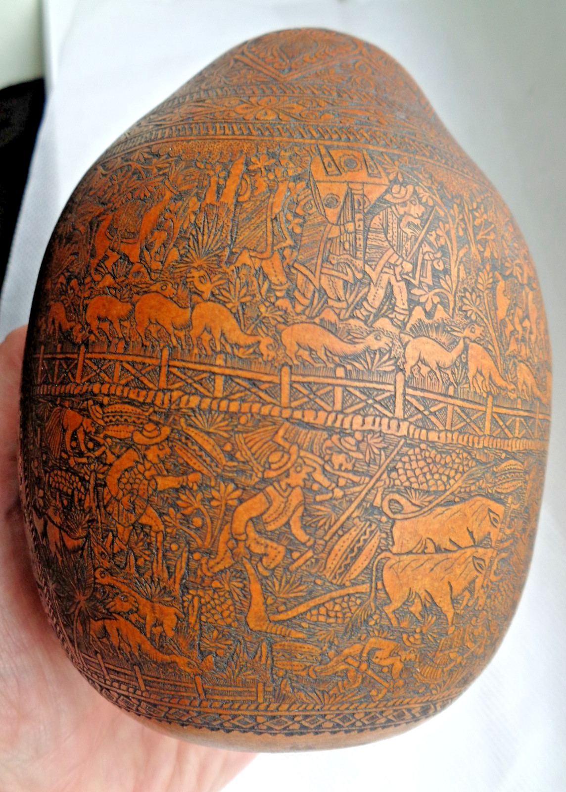 ANTIQUE SOUTH AMERICAN FOLK ART CARVED GOURD BULL FIGHTER, CHURCH, FARMER, LLAMA