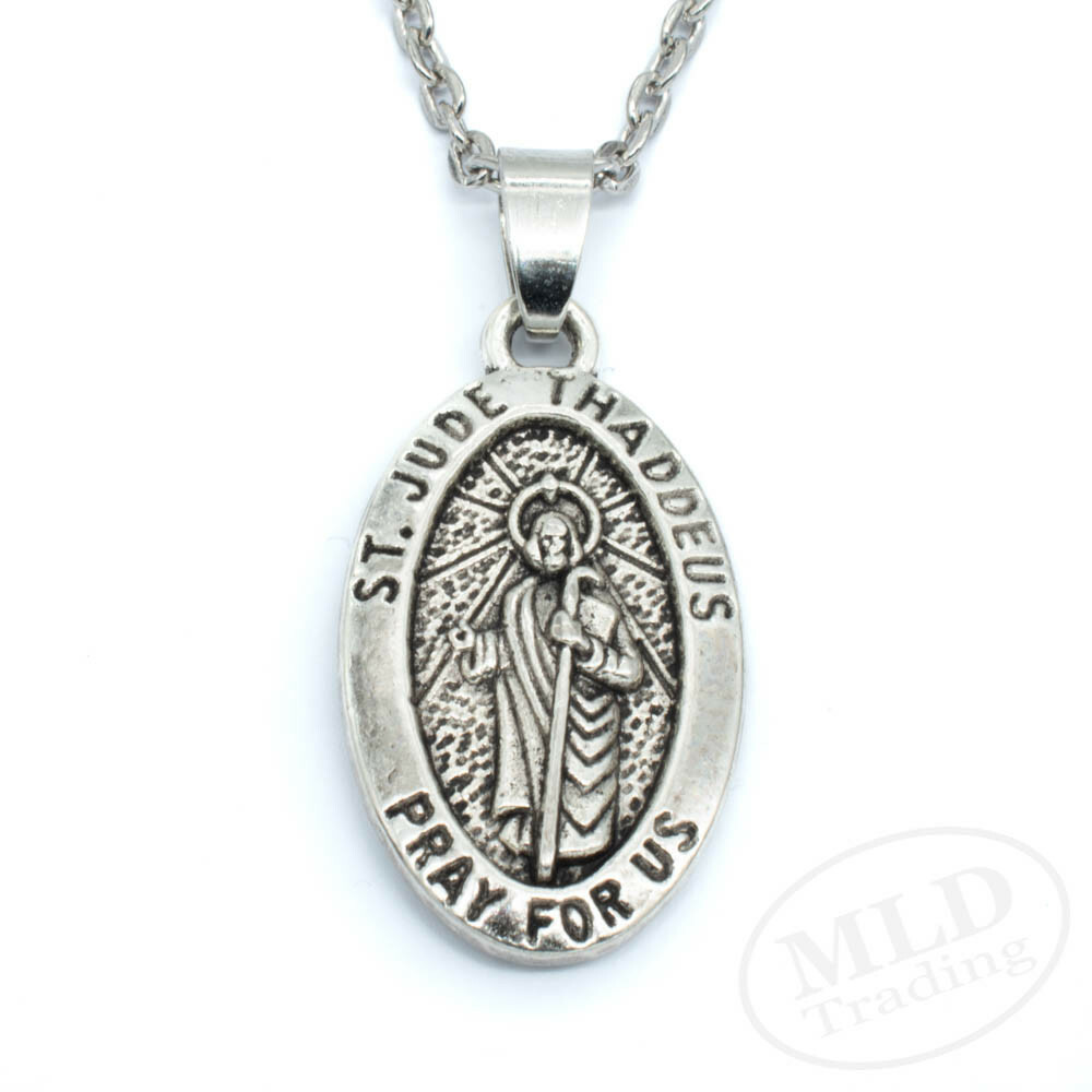 Saint St Jude Thaddeus Pray For Us Oval Silver Medal Pendant Necklace 18" Chain