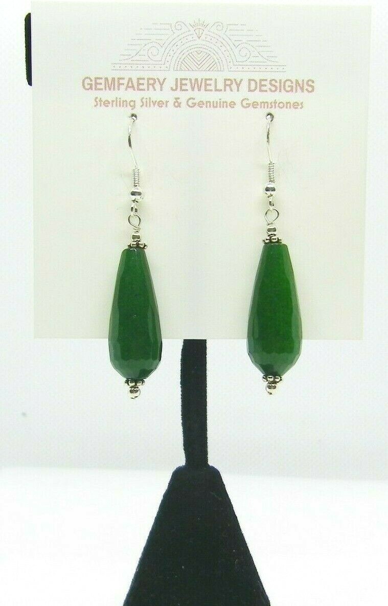 Sterling Silver Faceted NEPHRITE JADE Teardrop Dangle Earrings...Handmade USA