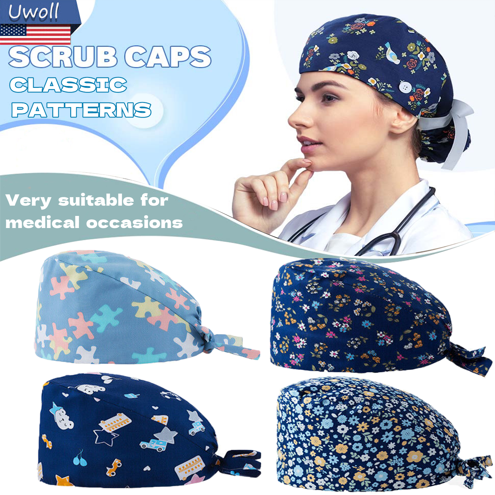 Doctor Nurse Cap Surgical Scrub Kitchen Cotton Hat with Sweatband Adjustable