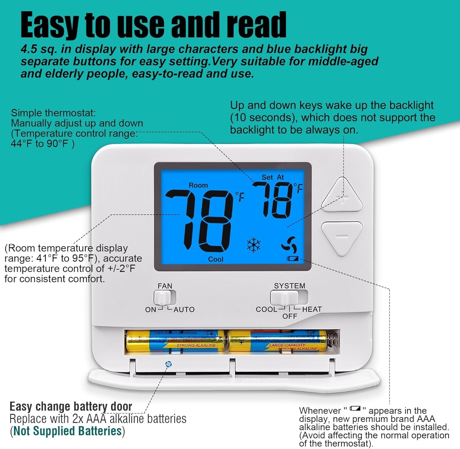 Digital Non-Programmable Thermostat 1 Heat/1 Cool - Easy Push Button Control