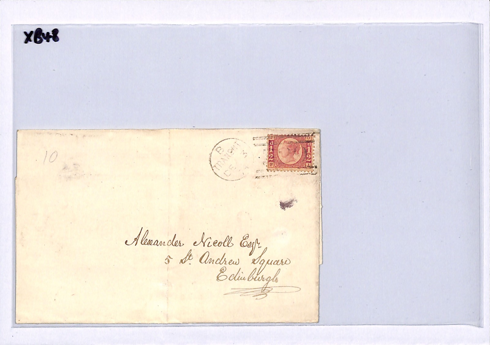 GB QV BANTAM ½d Plate 10 (DJ) Cover TRANENT Duplex 1874 Edinr Scotland XB48