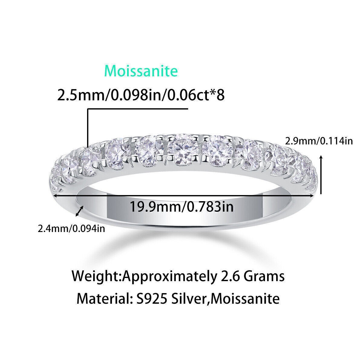 Real VVS Moissanite Half Eternity Band Channel Set Wedding Ring 925 Silver 2.5mm