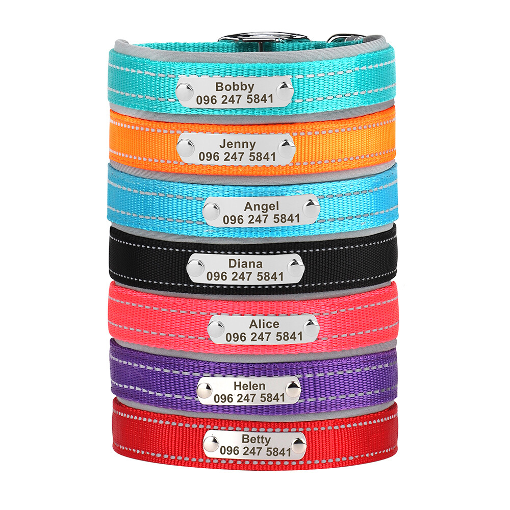 Reflective Nylon Personalized Dog Collar Custom Pet Name ID Tag Adjustable S-XL