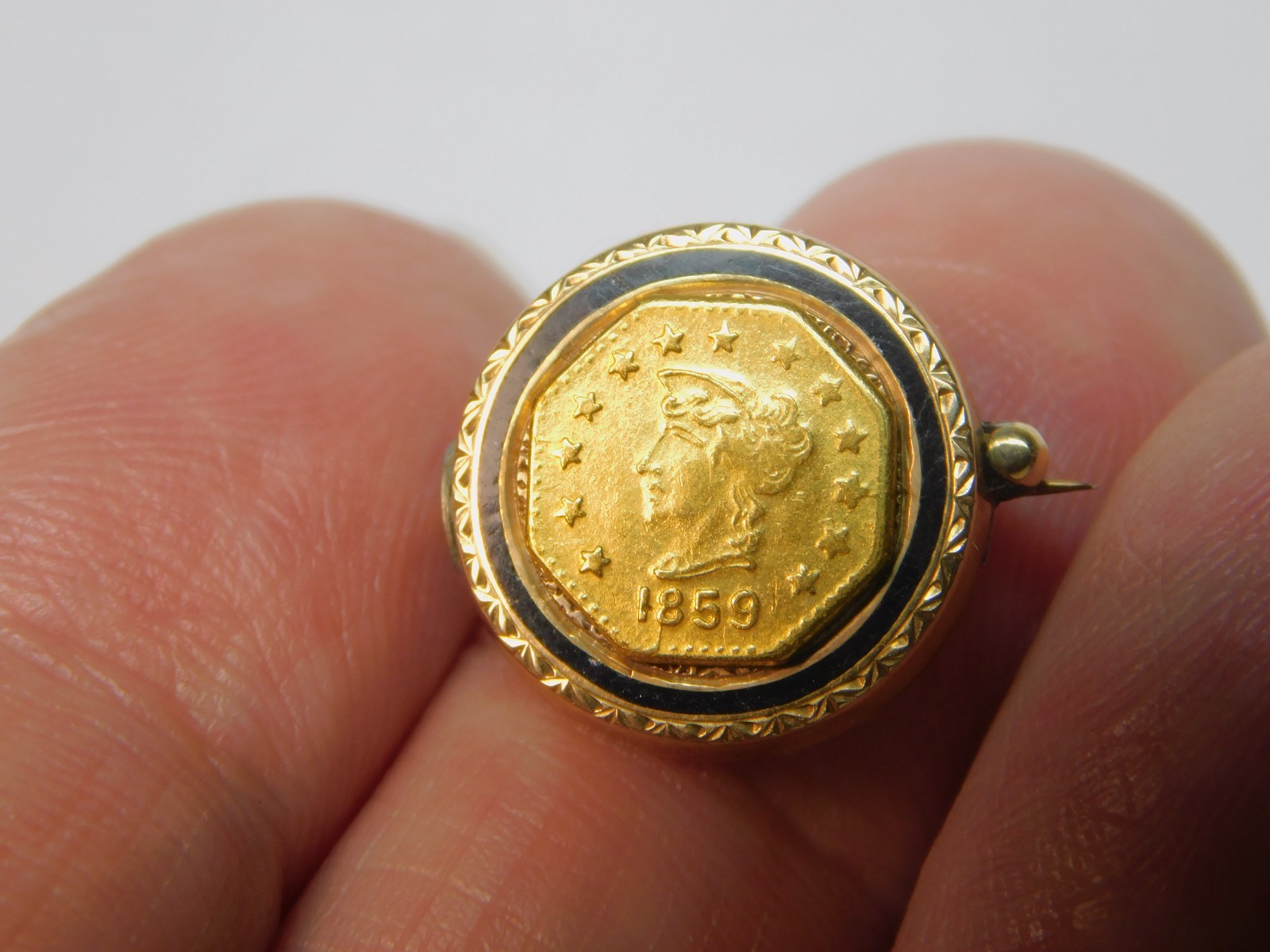 VERY UNUSUAL 1859 CALIFORNIA GOLD PIECE ON ENAMELED 10k GOLD PIN! FREE SHIPPING!