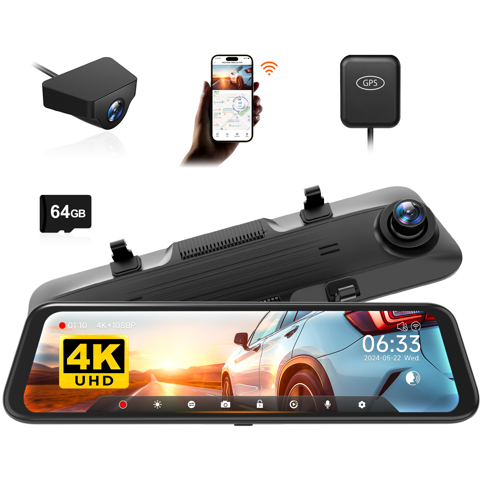 WOLFBOX 4K 12" Mirror Dash Cam Front and Rear Inside, 5G WiFi, Free 64GB SD