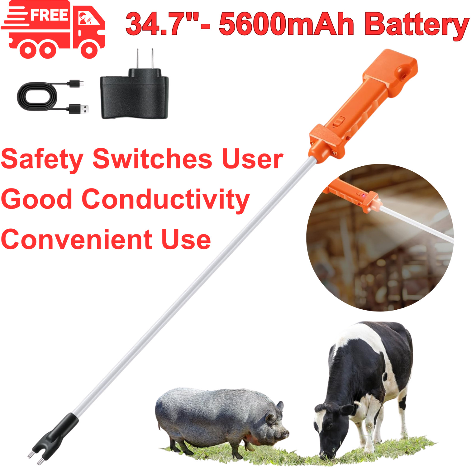 Waterproof Electric Cattle Prod Rechargeable Livestock Shock Stick w LED Lights