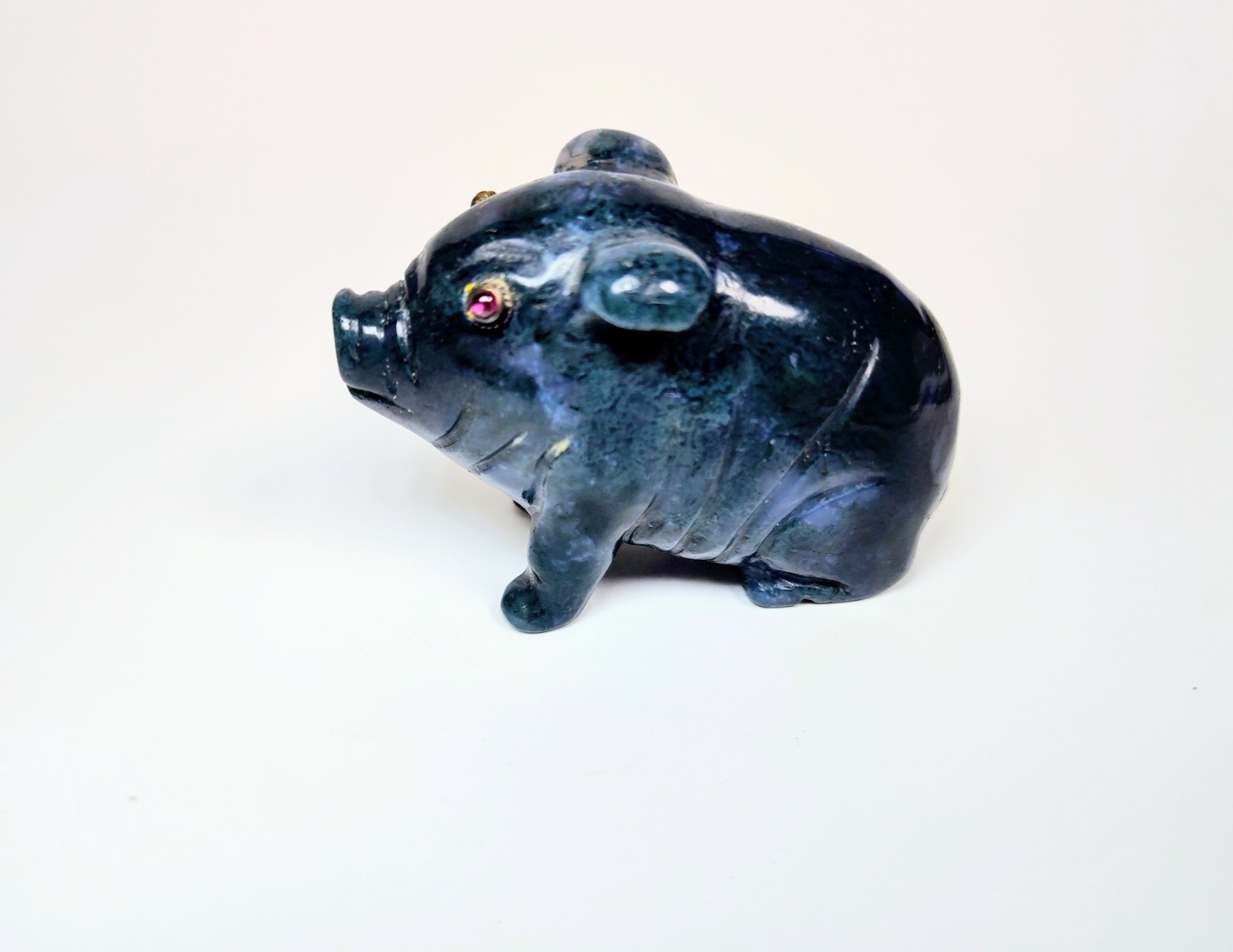 Antique 1920s Hand-Carved Blue-Green Aventurine Pig with Bezel-Set Garnet Eyes