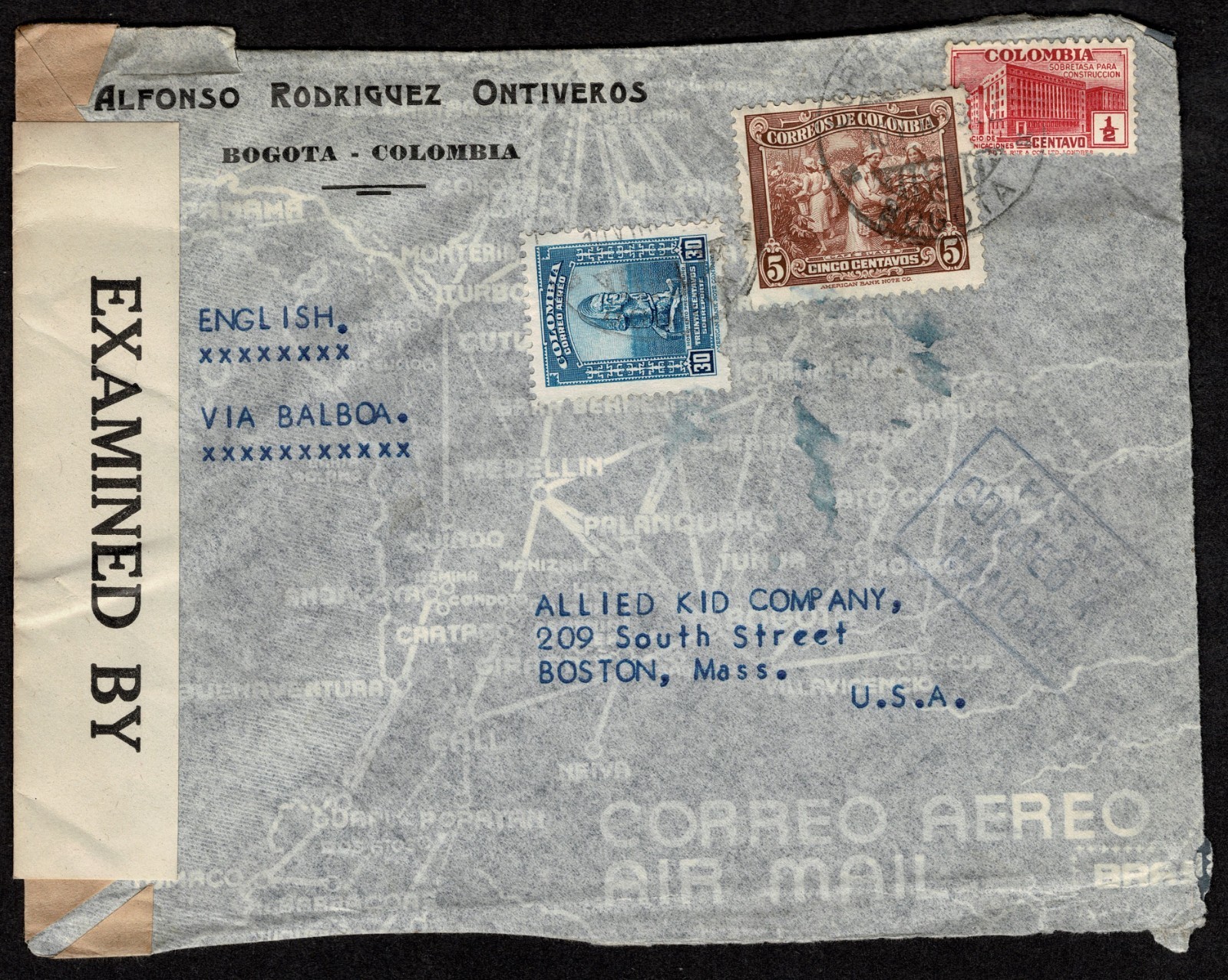 Columbia to USA: 1942 & 194(?) two censored covers Bogota to Boston