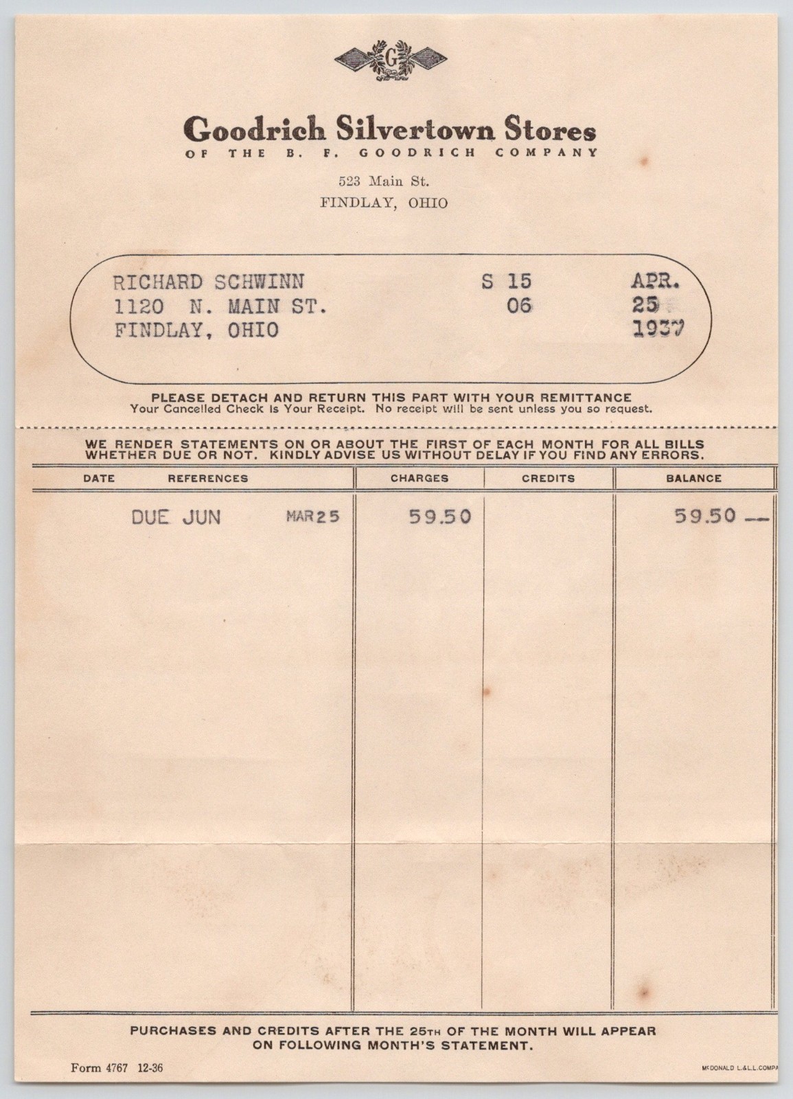 1937 Goodrich Silvertown Stores Findlay OH Billhead & Postal Cover