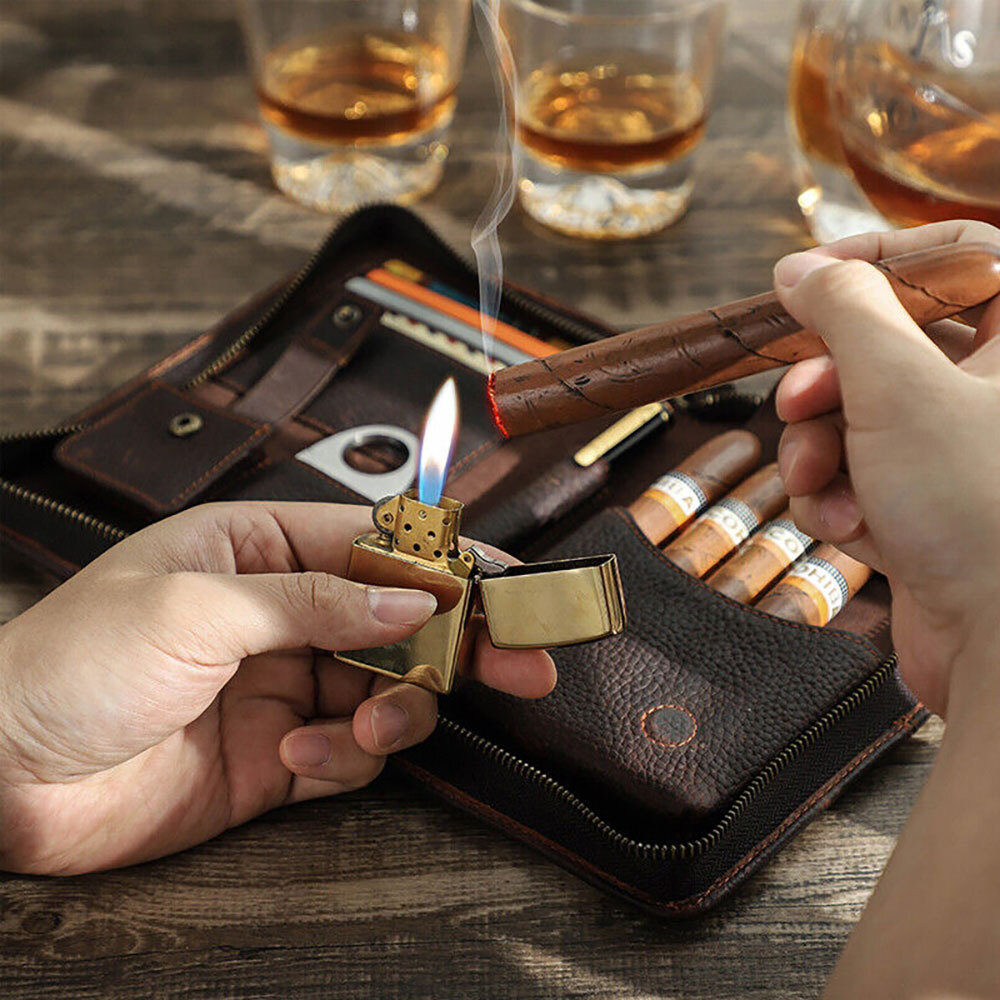 Genuine Leather Cigar Case Passport Travel Humidor set Lighter cutter Pocket Box