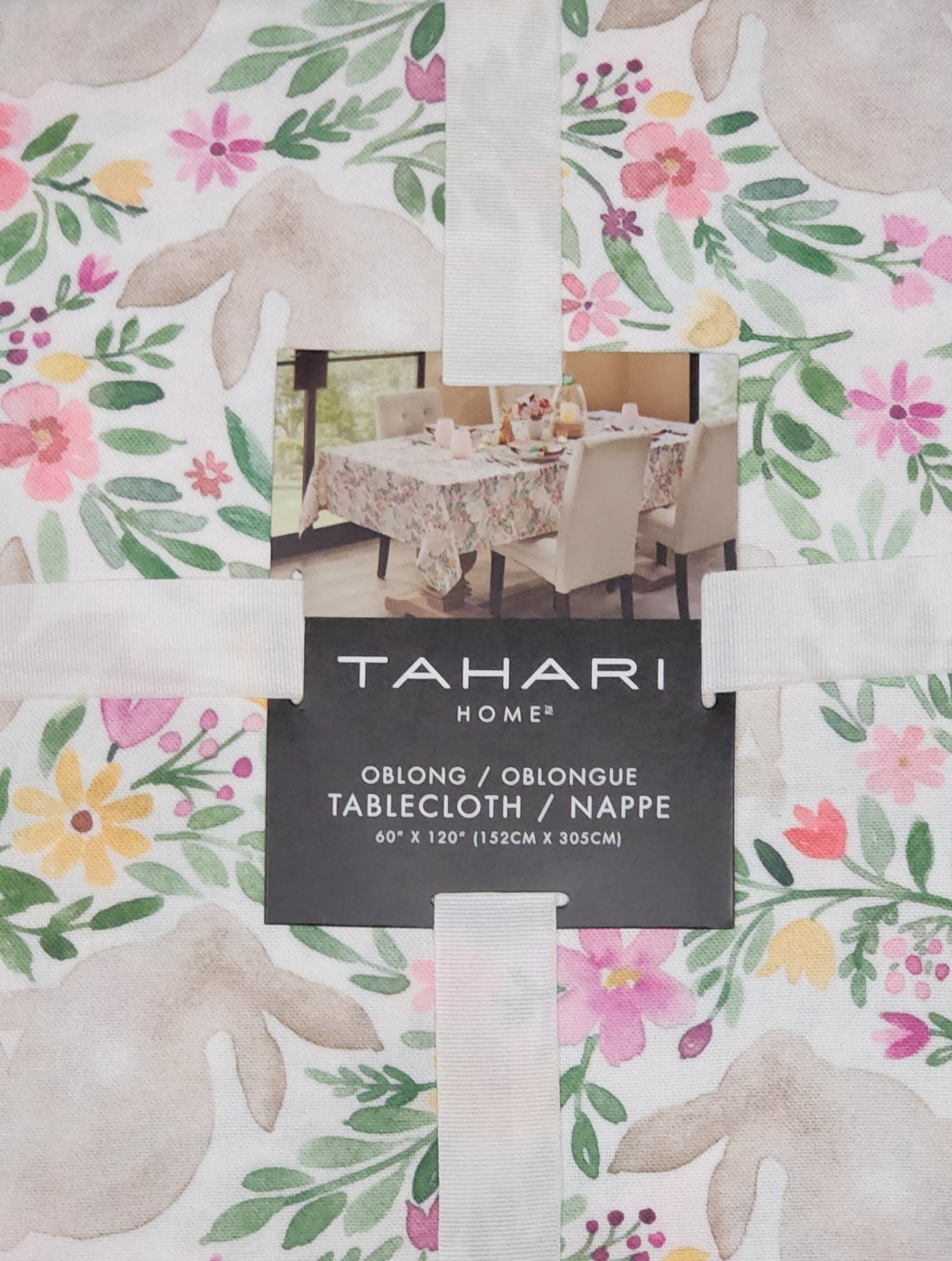 Tahari Floral Bunny Easter Tablecloth 60x120 Oblong Pastel Spring Garden PRETTY