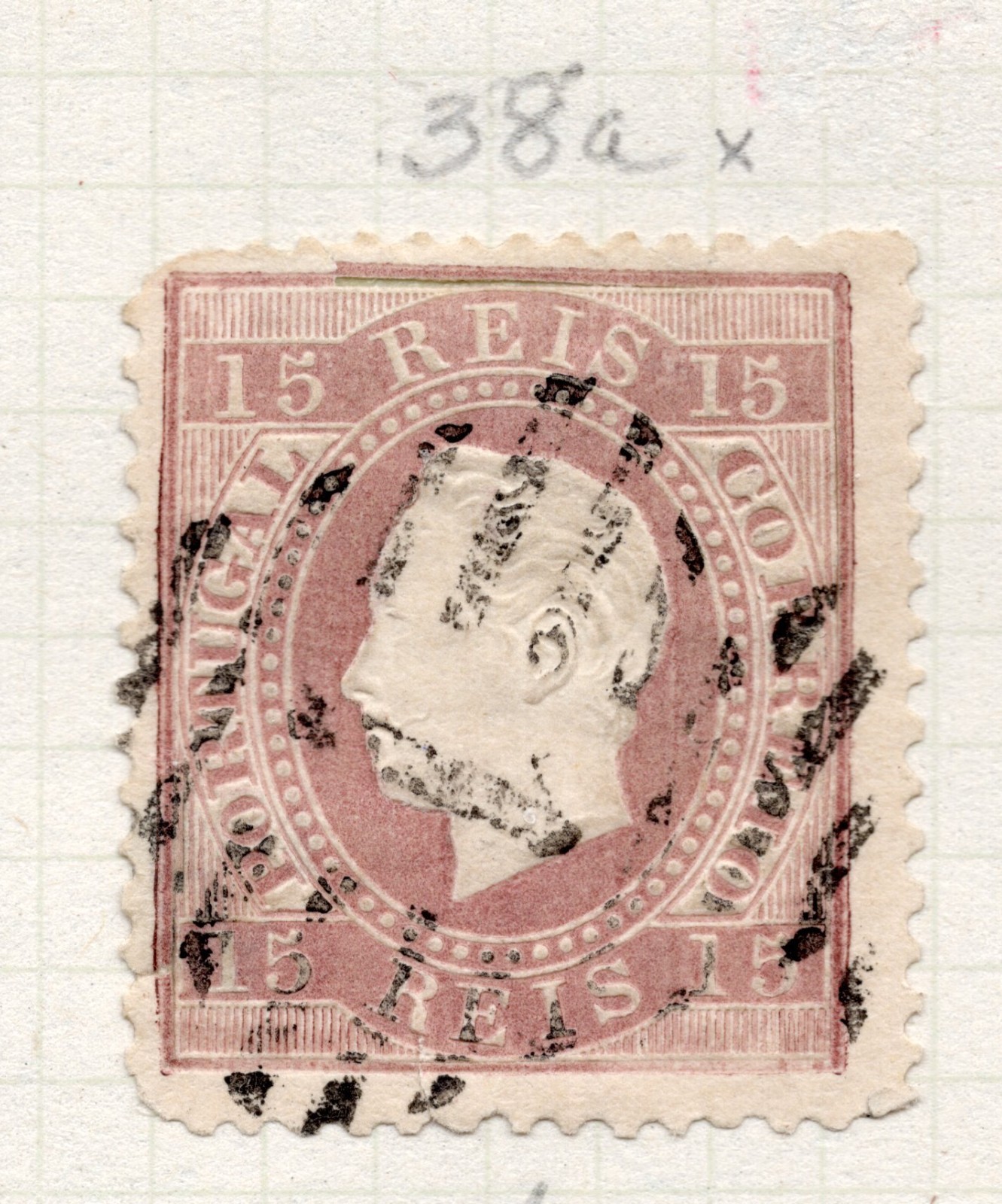 Portugal 1870-84 King Luiz 15 Reis Lilac Brn Used VLH Scott Cat# 38a