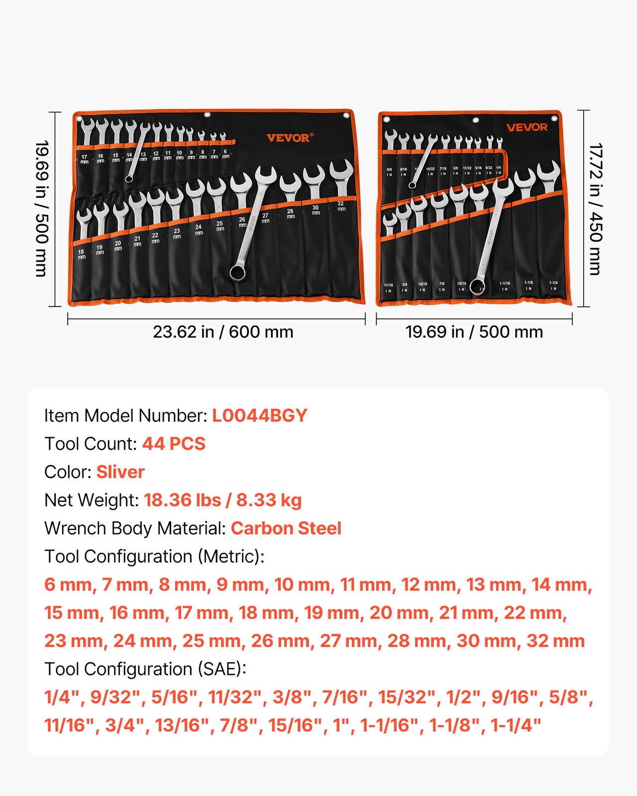 VEVOR Combination Wrench Set Box End Open End Combination Wrenches 44-Piece