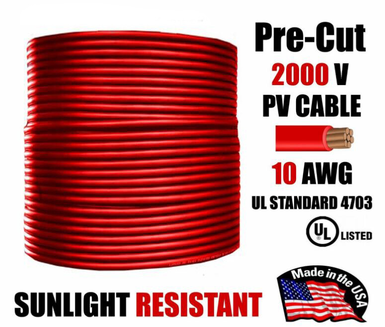 10 AWG PV Wire Red Solar Cable 1000/2000V Copper – Pre-Cut 50–500 Ft