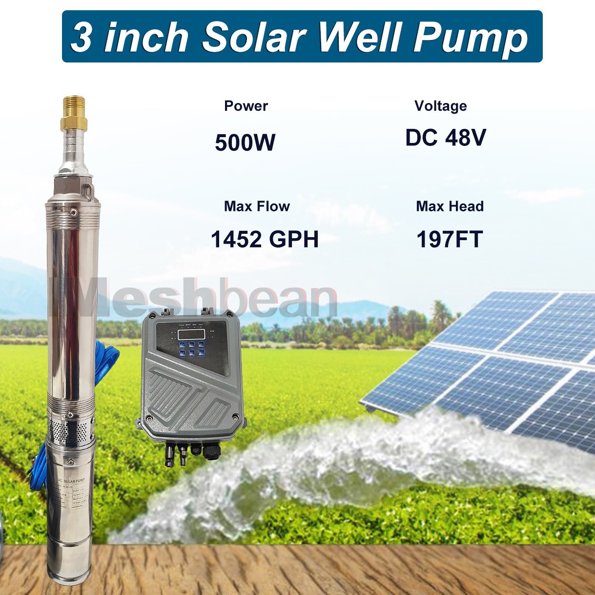 500W 3" Solar Pump Submersible Pump Bore DC 48V Deep Well Pump + MPPT Controller