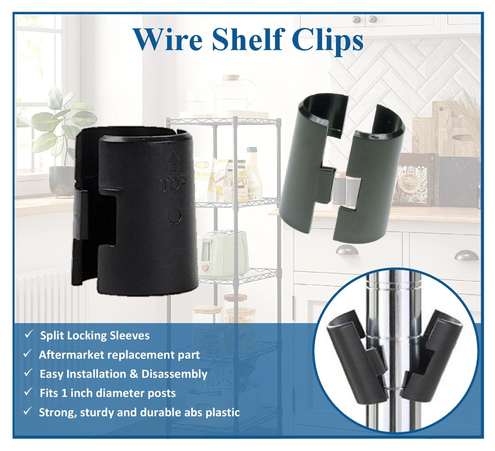1" Diameter Wire Shelf Clips Shelving Split Sleeves Lock Locking Plastic 16 pair