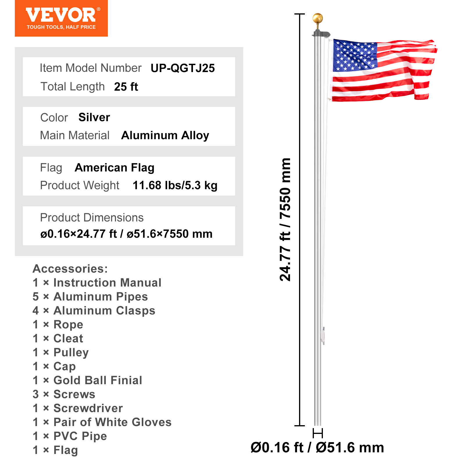 VEVOR 25FT Detachable Flagpole Kit Heavy Duty Aluminum Flag Pole American Silver